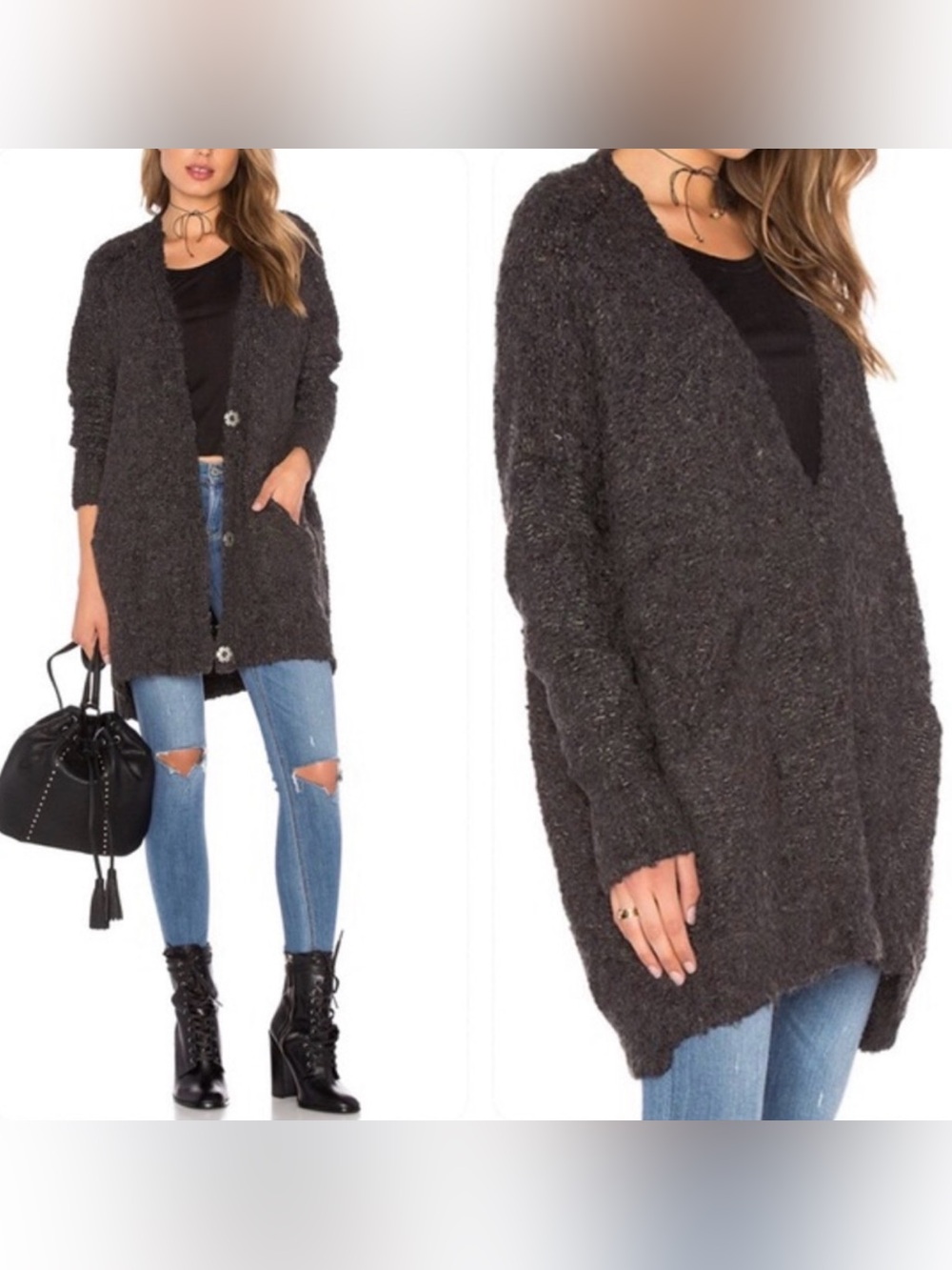 Free People Alpaca Bouclé Cardigan Charcoal Gray Oversized Slouchy Sweater